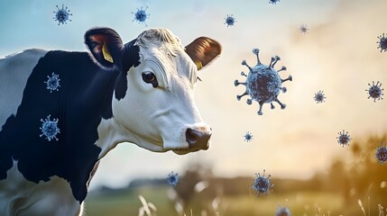 Dairy cow with avian flu virus particles, symbolizing animal health risks and disease prevention
