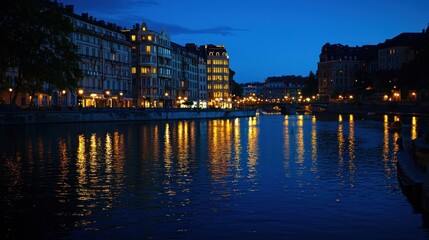 Night View of Illuminated City Buildings Reflected in Calm Water