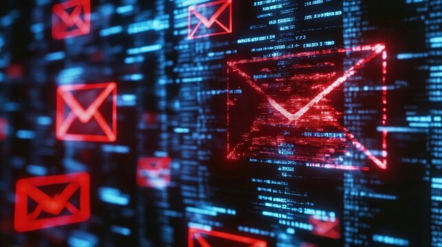 A splitscreen view highlights a secure email client juxtaposed with flagged spam messages. Red warning symbols stand out against the pristine inbox symbolizing the critical role of