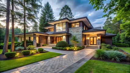 Naklejka premium A large modern house with a stone walkway leading to the entrance, surrounded by lush greenery and tall trees , garden
