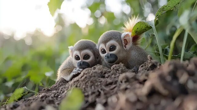 Adorable Squirrel Monkeys in Lush Green Forest Habitat