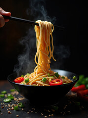 Steaming Asian Noodles with Chopsticks Pull in Black Bowl with Chili and Green Onions