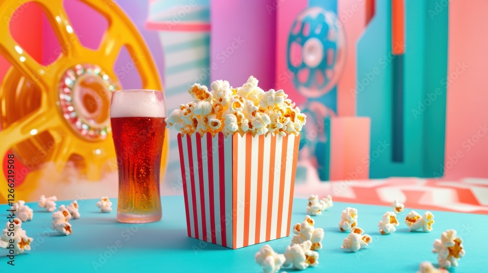 Poster colorful popcorn and drink setup against a vibrant background in a retro cinema theme. generative ai