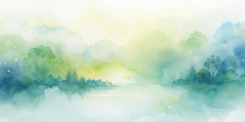 Fototapeta premium Serene Watercolor Landscape A Dreamlike Vista of Misty Trees and a Tranquil Horizon