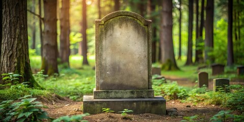 Fototapeta premium A weathered stone grave marker with an empty headstone in a serene forest cemetery, gravestone, empty grave