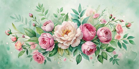 A Delicate Watercolor Painting of a Lush Arrangement of Pink and White Roses and Buds, Set Against a Soft Green Background, Featuring Intricate Foliage Details