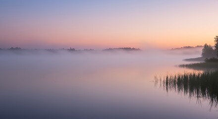 Obraz premium Foggy Lake Scenery at Dawn with Pastel Sky and Reeds