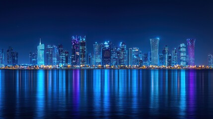 Fototapeta premium Night Lights of Doha Skyline: A mesmerizing view of the illuminated skyscrapers reflected in the tranquil waters.