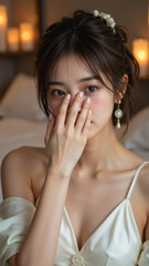 柔らかなアイボリーのサテンナイトウェアをまとい、繊細なパールのイヤリングを揺らしながら、恥じらうように口元を手で隠す女性。背景にはキャンドルが灯り、温かくロマンチックな雰囲気を演出。ほのかに赤らんだ頬と優雅な表情が魅力的なポートレート。