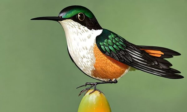 Green-tailed hummingbird perched, rainforest background, illustration, nature guide
