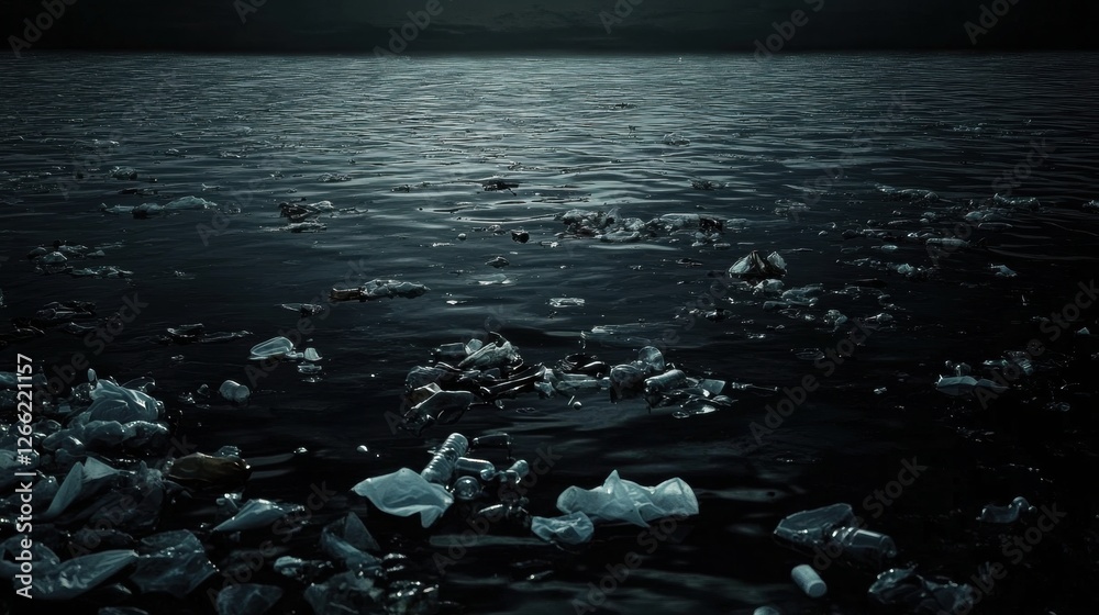 Poster Floating plastic waste fills the ocean surface while empty space allows for urgent messages about pollution. Generative AI