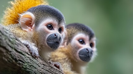 Obraz premium Adorable Squirrel Monkeys on Branch Wildlife Jungle Primates Nature