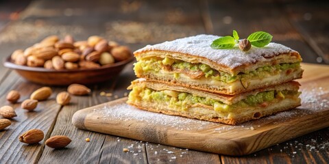 Layered pastry with flaky texture and golden crust, filled with sweet pistachio and walnut mixture, topped with powdered sugar and almonds, on a wooden board, baklava, pistachios