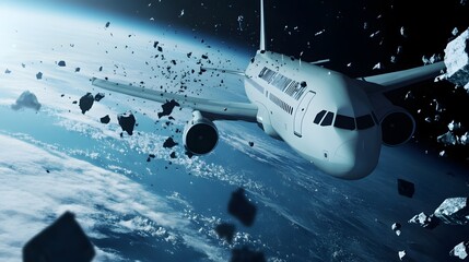 Space debris descending near airplane, symbolizing growing aviation risks