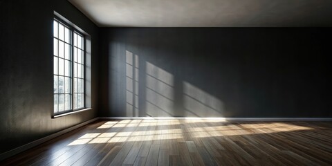 Obraz premium Darkened room with black wall and polished floor, illuminated by a sunlit window casting a beautiful shadow