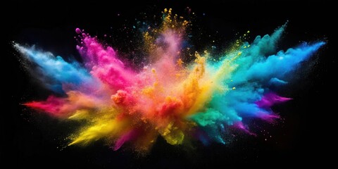 Vibrant colored powder explodes in mid-air on a dark black background, leaving behind a scattering of bright particles , splash