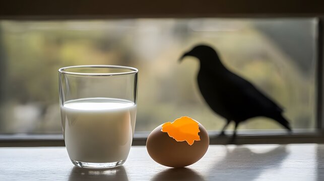Cracked egg and milk on a surface with avian silhouette, symbolizing food safety and disease prevention