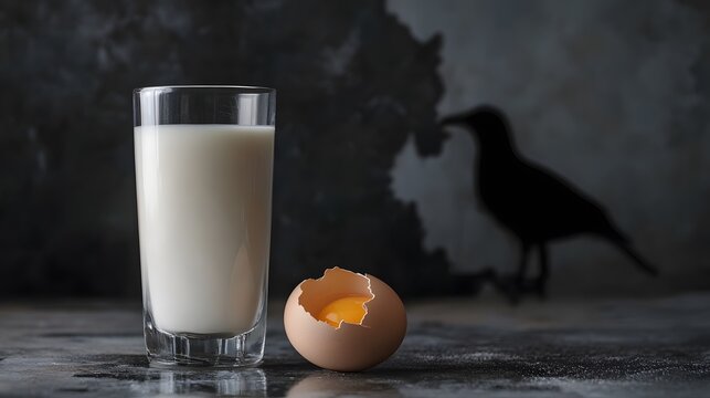 Cracked egg and milk on a surface with avian silhouette, symbolizing food safety and disease prevention