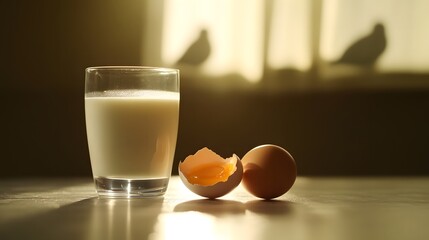 Cracked egg and milk on a surface with avian silhouette, symbolizing food safety and disease prevention