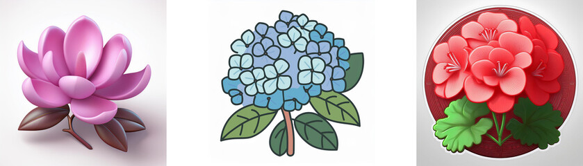 Fototapeta premium Three flower icons: pink magnolia, blue hydrangea, and red geranium. Floral design, isolated on a white background.