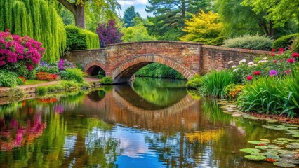 Fototapeta premium A quaint stone and brick bridge spans a small pond in Norwich's scenic gardens, reflecting the beauty of nature with its lush greenery and vibrant blooms , Norwich, flowers