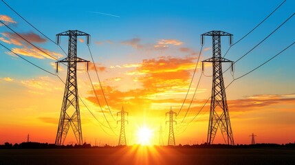 Vibrant Sunset Over Power Lines Highlighting Energy Sustainability and Community Development Initiatives