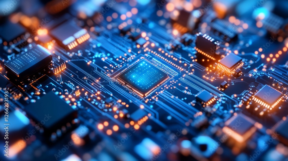 Poster cybernetic visualization of big data, illuminated circuits and digital nodes processing vast informa
