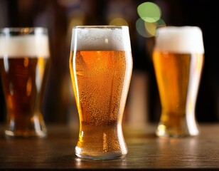 verres de bi&egrave;res paus&eacute;es  sur un comptoir, fraiches et mousseuses en ia