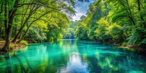 Obraz premium Serene forest landscape with a peaceful turquoise river flowing gently through it, surrounded by lush greenery and tall trees , water, peaceful river