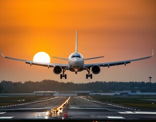 Obraz premium avion au dessus d'un tarmac d'aéroport, vol devant un soleil levant ou couchant, départ en vacances en ia