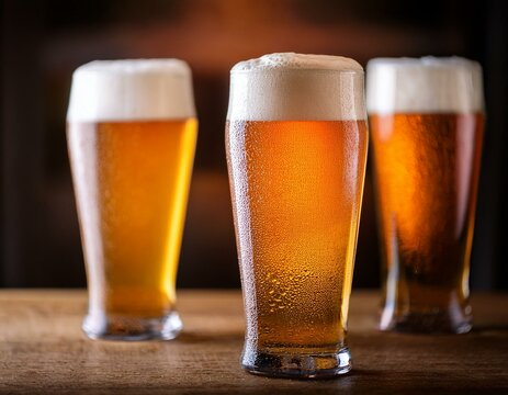 verres de bi&egrave;res paus&eacute;es  sur un comptoir, fraiches et mousseuses en ia