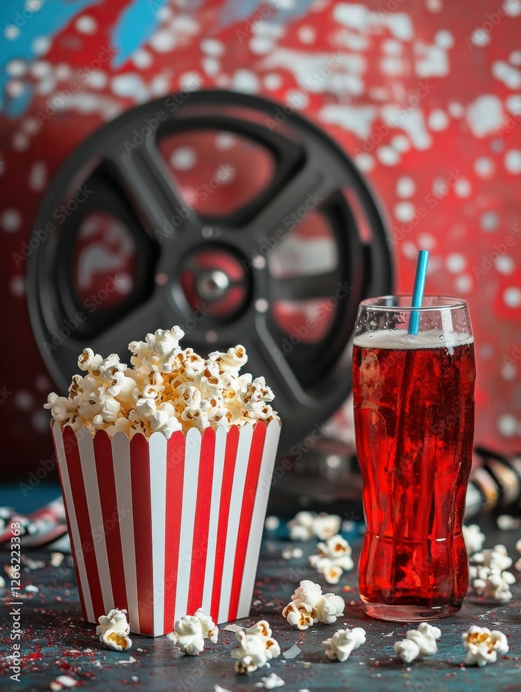 Poster popcorn and drink by a movie reel create a perfect movie night setup at home. generative ai