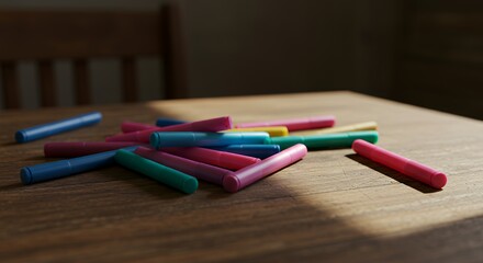 Colorful Crayons Scattered on Wooden Table with Soft Sunlight
