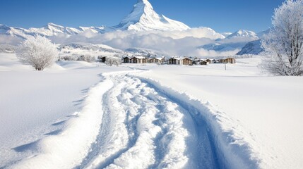 Obraz premium Majestic Matterhorn Winter Landscape Snow Path to Swiss Village