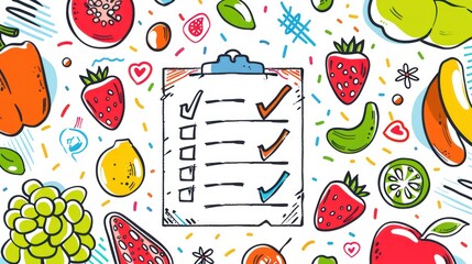 A hand-drawn doodle of a grocery list with items checked off, surrounded by little doodles of fruits and veggies 