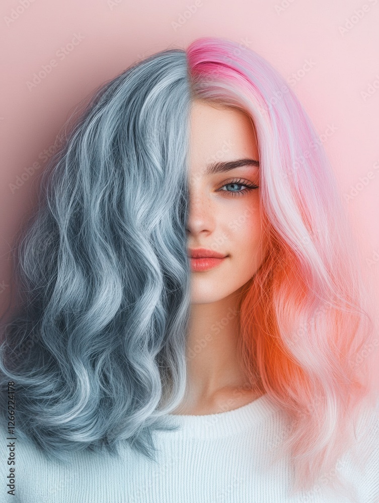Poster transitioning from gray to vibrant dye with a stunning side by side hair comparison. generative ai