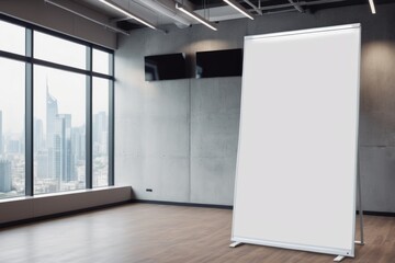 A blank white vertical frame in spacious modern office with large windows and an empty interior, featuring a clean design, parquet flooring, and a glass door