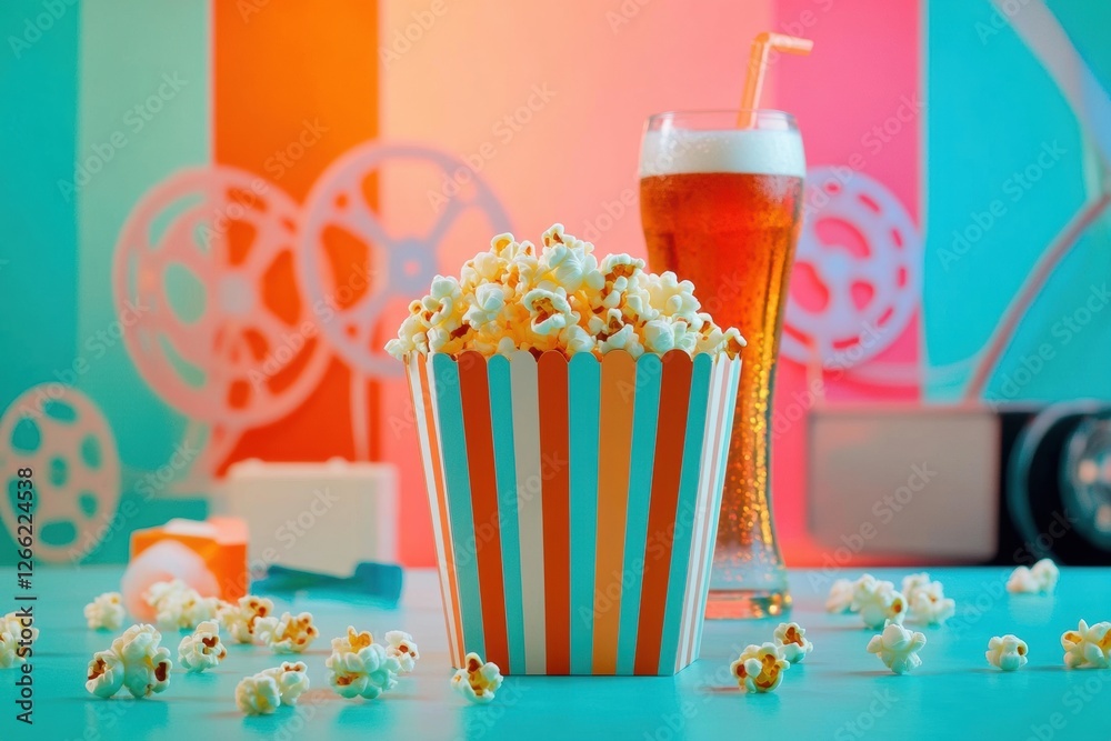 Poster Enjoying a colorful movie night setup with popcorn and a cold drink in a vibrant atmosphere. Generative AI