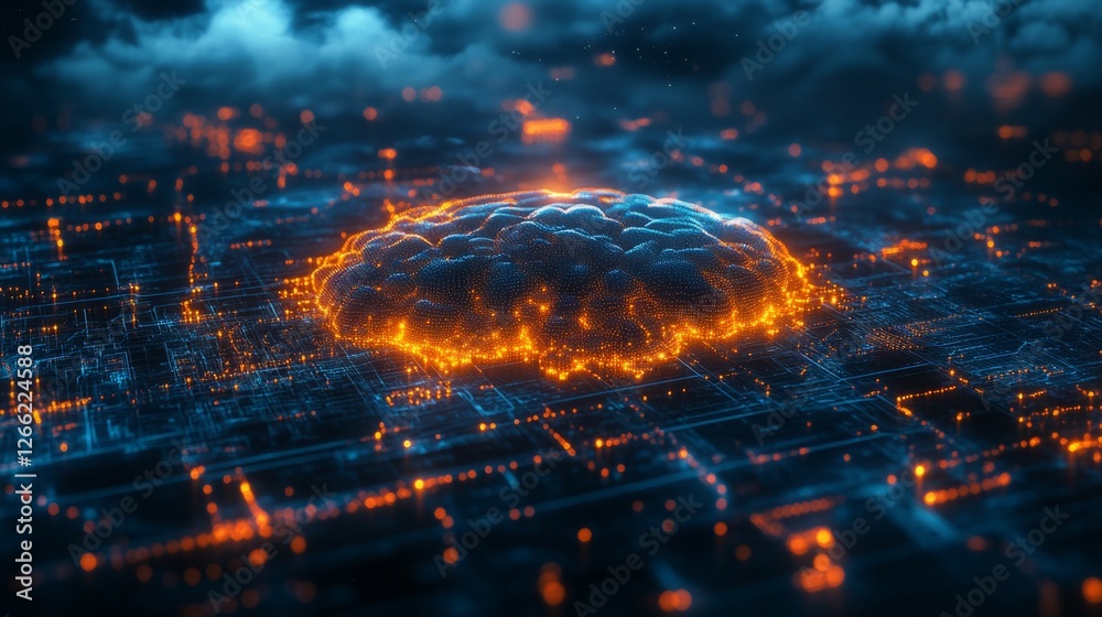 Poster data cloud with interconnected neural networks, glowing ai brain processing large datasets, futurist