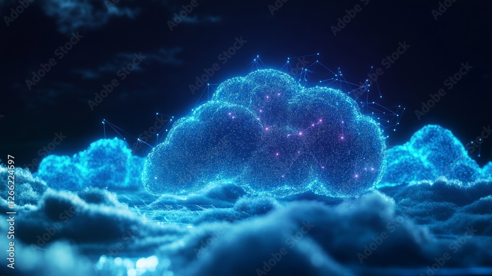 Poster data cloud with interconnected neural networks, glowing ai brain processing large datasets, futurist