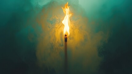 Naklejka premium Burning matchstick in smoky, teal-toned environment