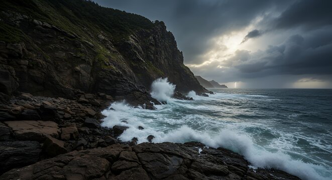 Crashing Waves on Rocky Coastline with Dramatic Storm Clouds and Sunlight