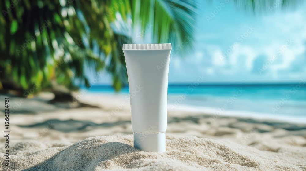 Poster cosmetics cream tube resting on sandy beach with tropical background and clear waters visible under 