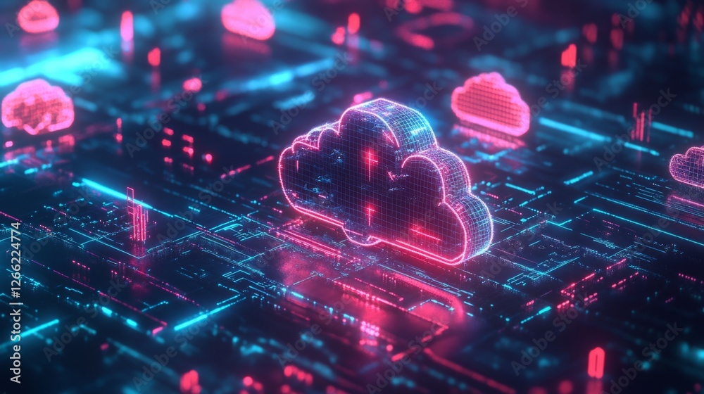 Poster data cloud with interconnected neural networks, glowing ai brain processing large datasets, futurist