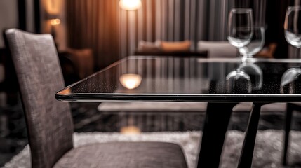Fototapeta premium Elegant dining room setting featuring a glass table, stylish chairs, and soft lighting ambiance
