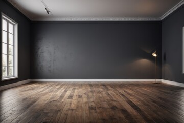 Empty room with black wall and wooden floor in a vintage interior design