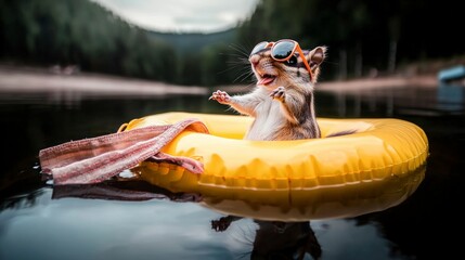 Chipmunk Summer Fun  Sunglasses  Raft  Pond  Wildlife