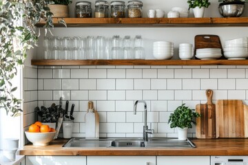 Bright kitchen with wooden shelves and white subway tiles.