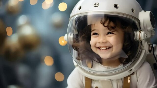 Young hispanic girl in astronaut helmet dreams of space exploration against bokeh lights background. Future scientist cosplay for children education and inspiration