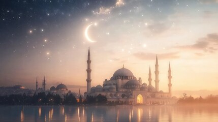 Fototapeta premium Majestic Mosque at Night Crescent Moon Stars Serenity